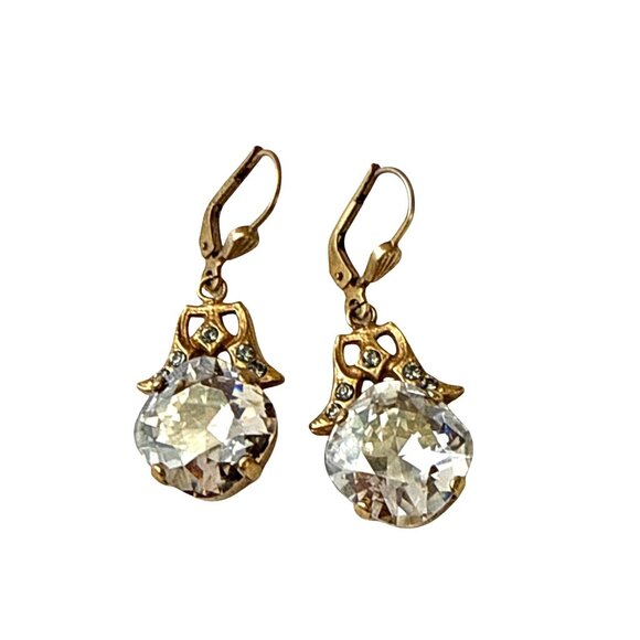 Art Deco Style Rhinestone Drop Earrings Brass Leverback Vintage Dangle 1.5" - Picture 3 of 10